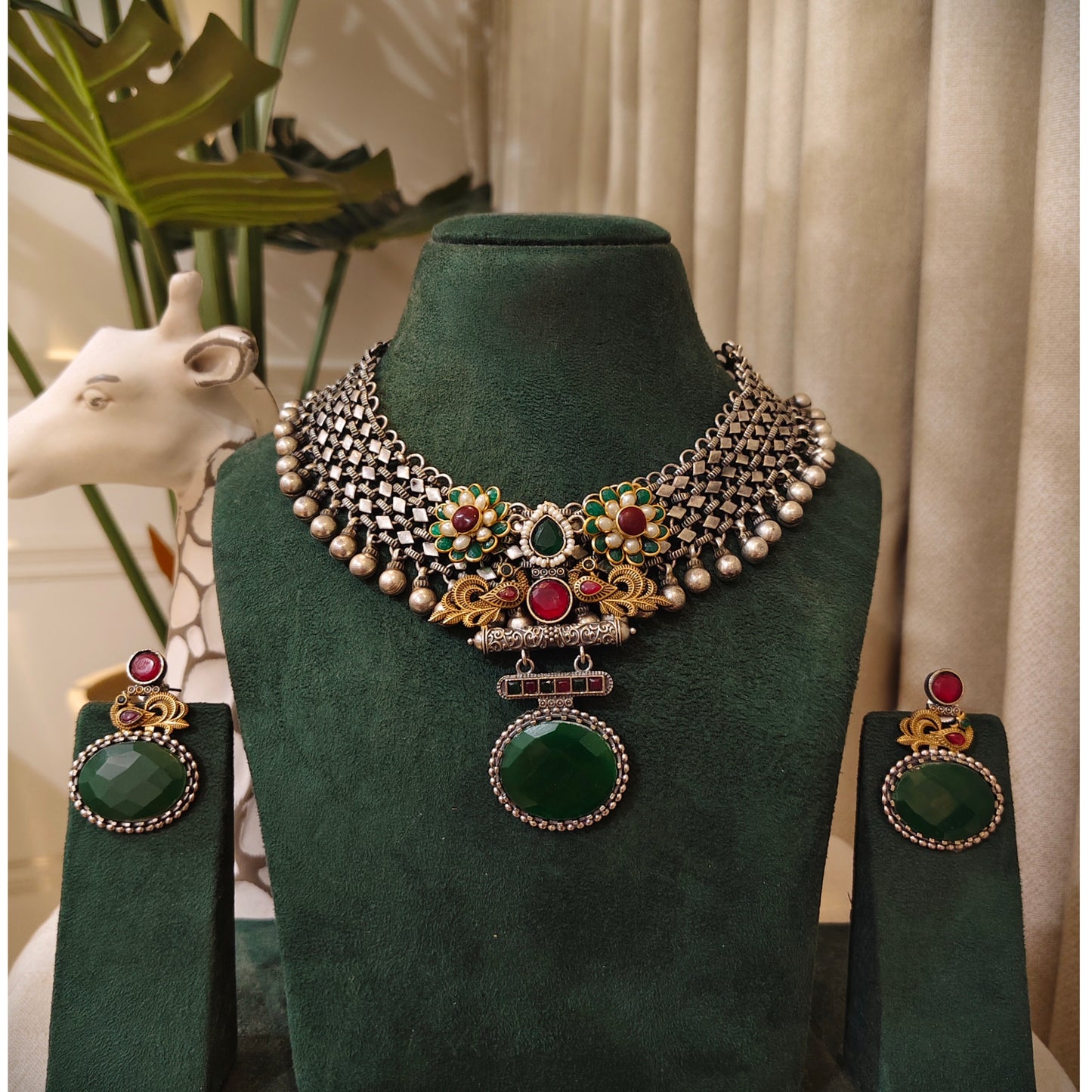 Beautiful Designer Stone Embedded Dual Tone Pendant Neckpiece With Earrings