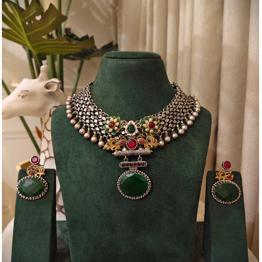 Beautiful Designer Stone Embedded Dual Tone Pendant Neckpiece With Earrings