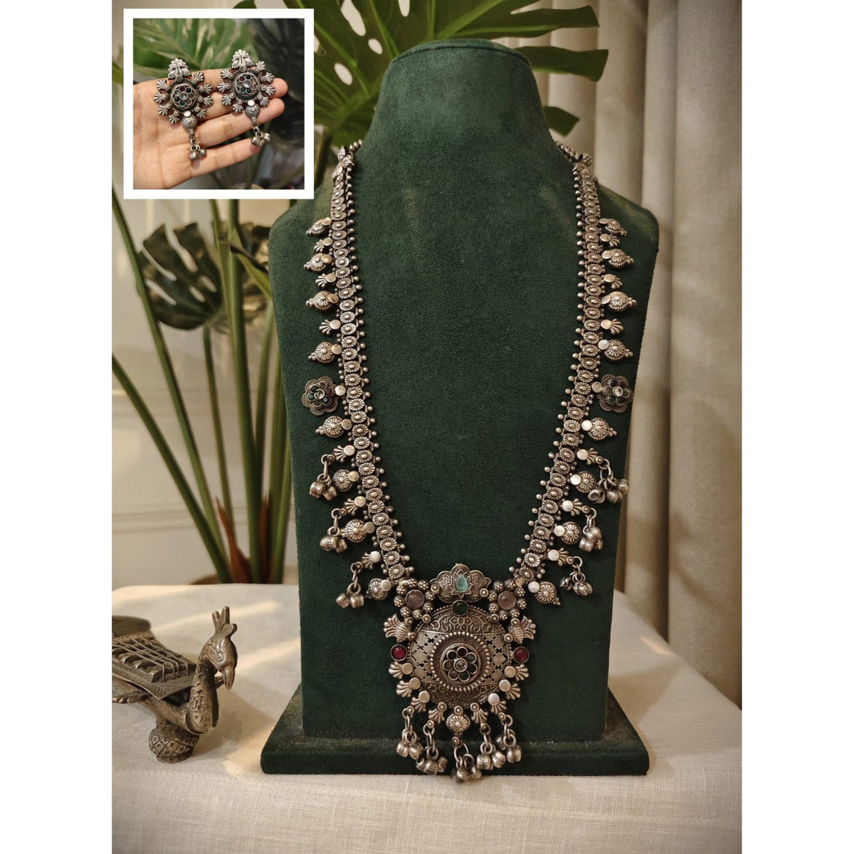 Beautiful Designer Stone Embedded Kolhapuri Long Necklace With Earrings