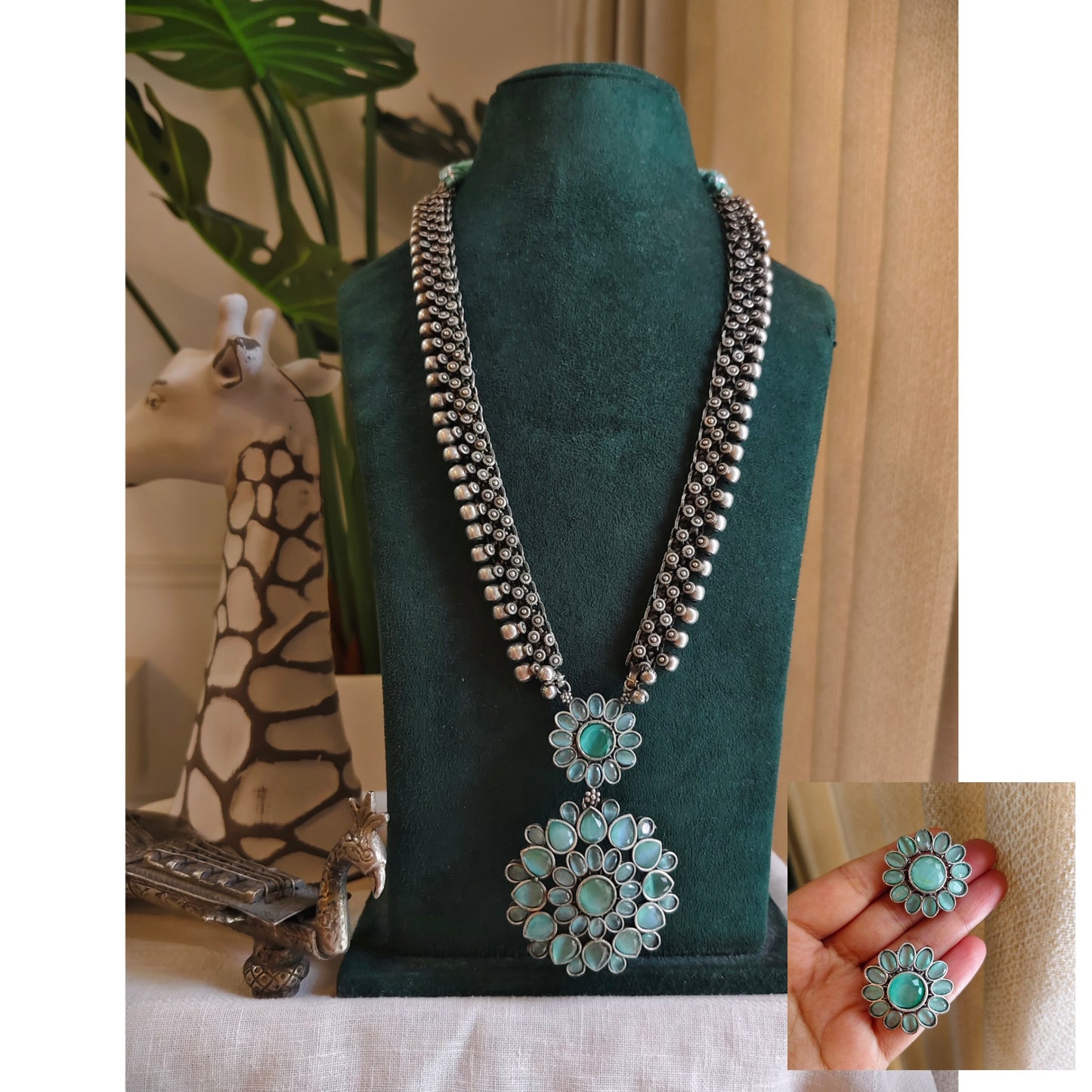 Beautiful Designer Stone Embedded Pendant Long Necklace With Earrings