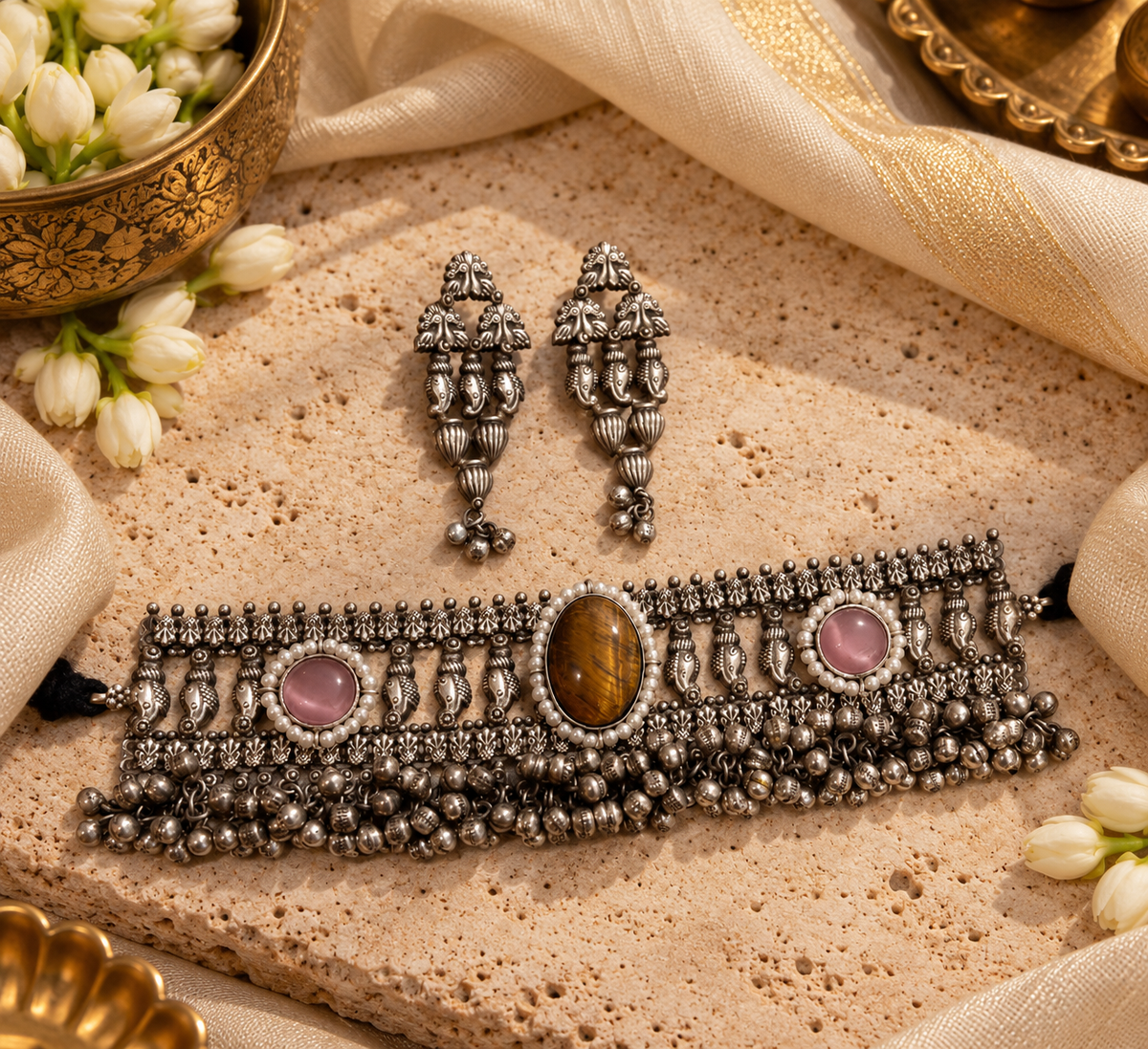 Beautiful Designer Stone Embedded Choker With Earrings
