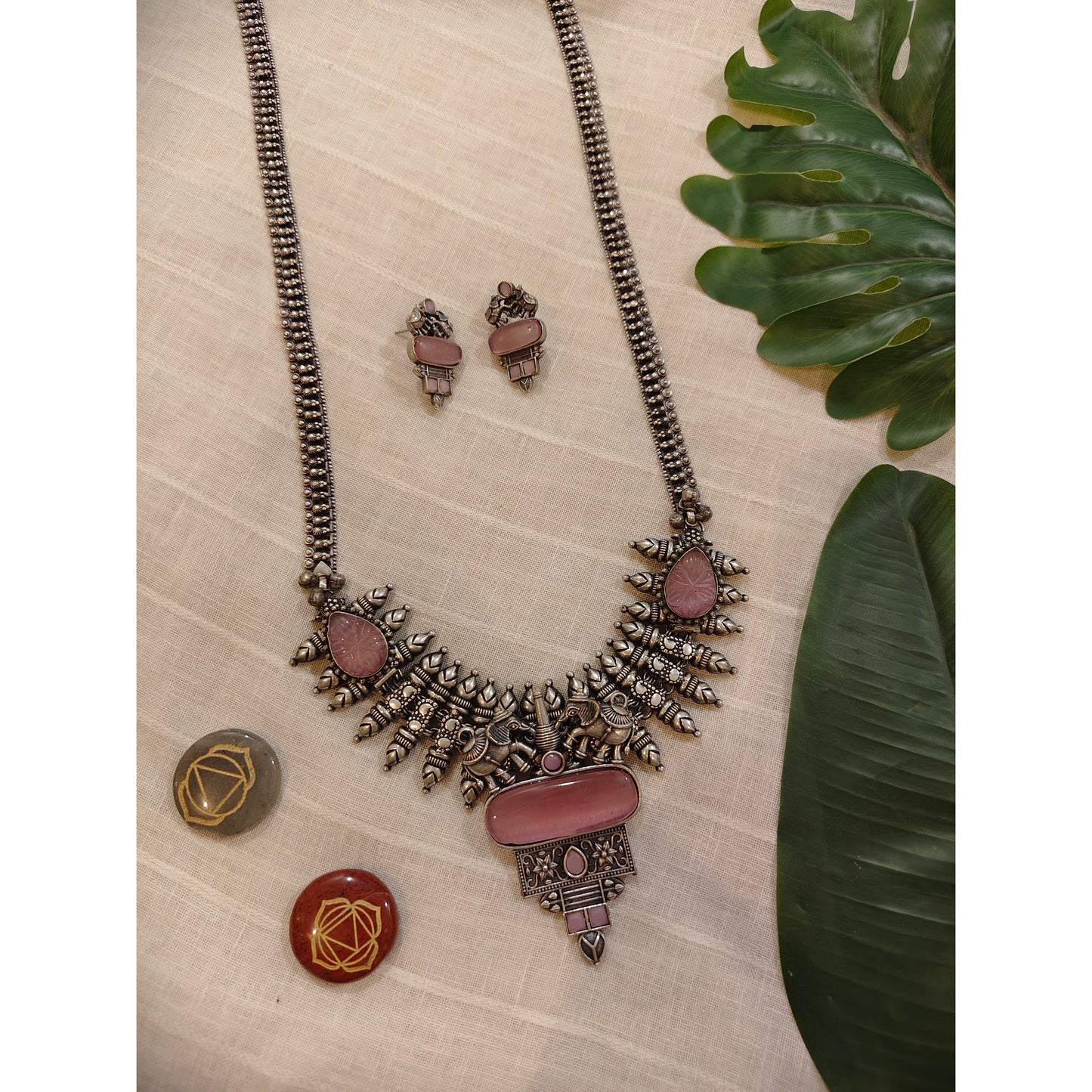 Beautiful Designer Stone Embedded Pendant Long Necklace With Earrings