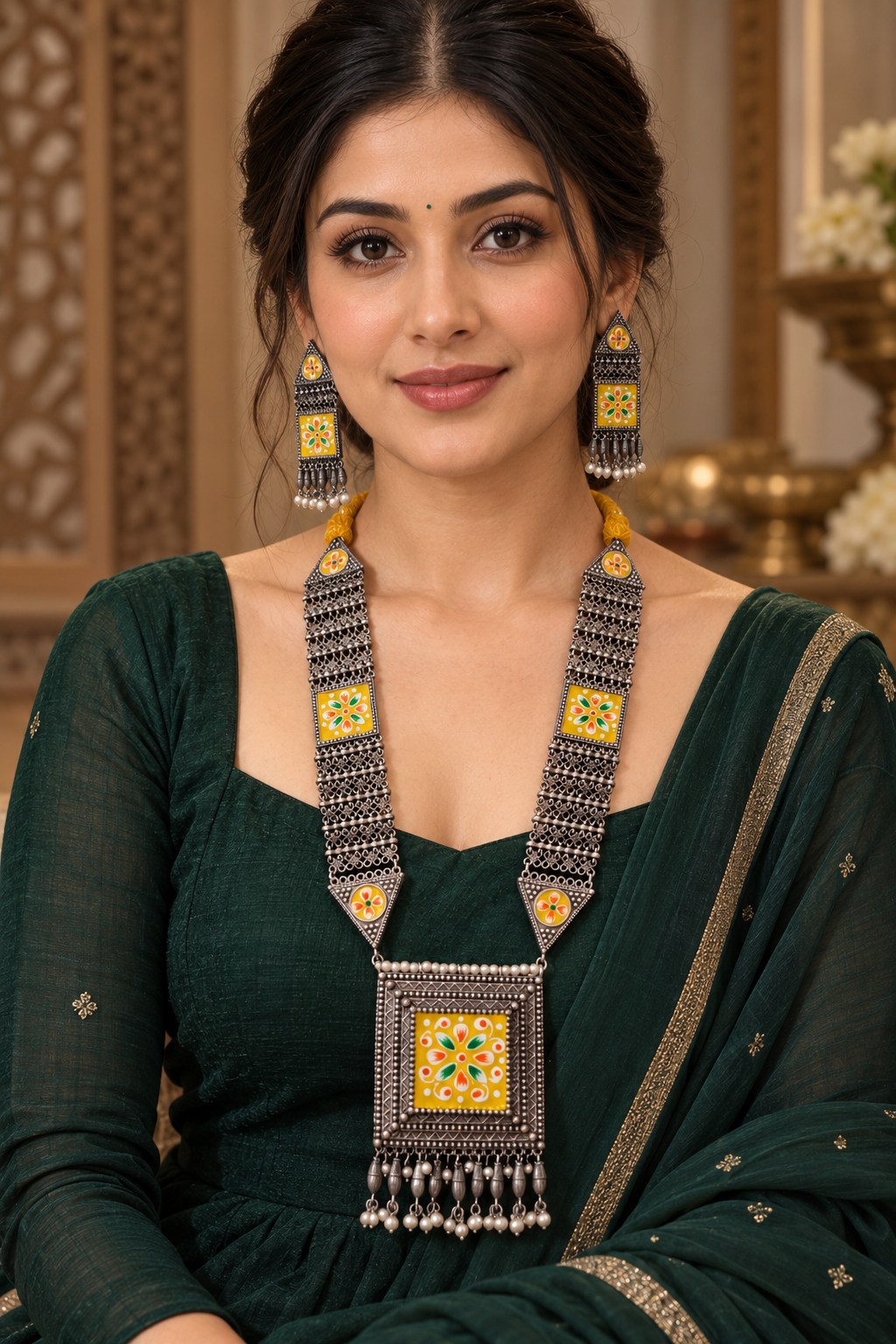 Beautiful Designer Hand-Painted Necklace With Earrings