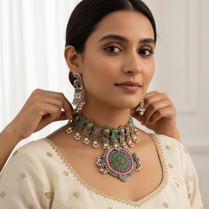 Beautiful Designer Stone Embedded Choker Pendant With Earrings