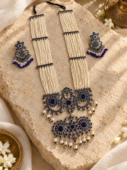 Beautiful Designer Huge Stone Embedded Pendant Chidd Mala Necklace With Earrings