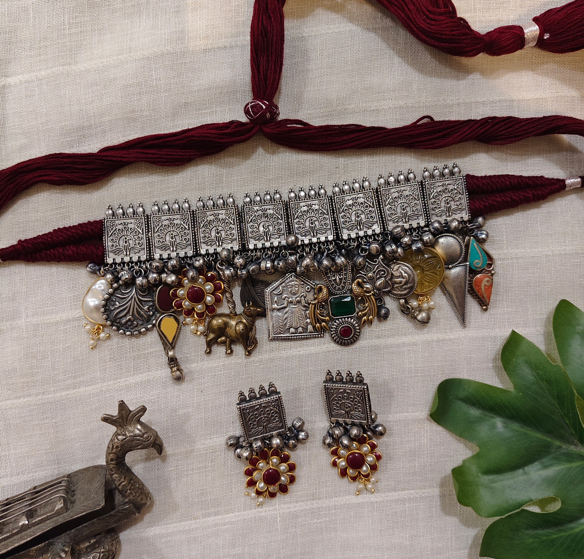 Beautiful Designer Charms Mix Statement Choker With Earrings