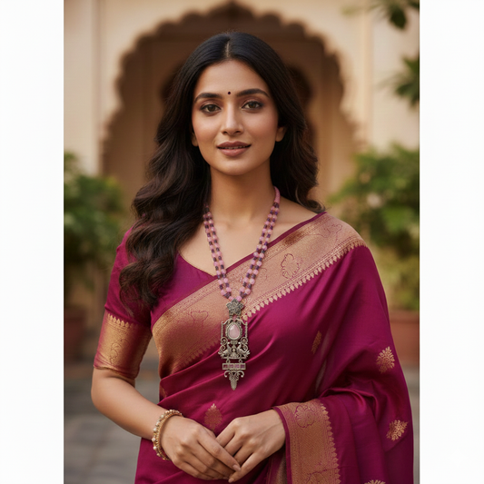 Beautiful Designer Stone Embedded Pendant Long Beaded Necklace