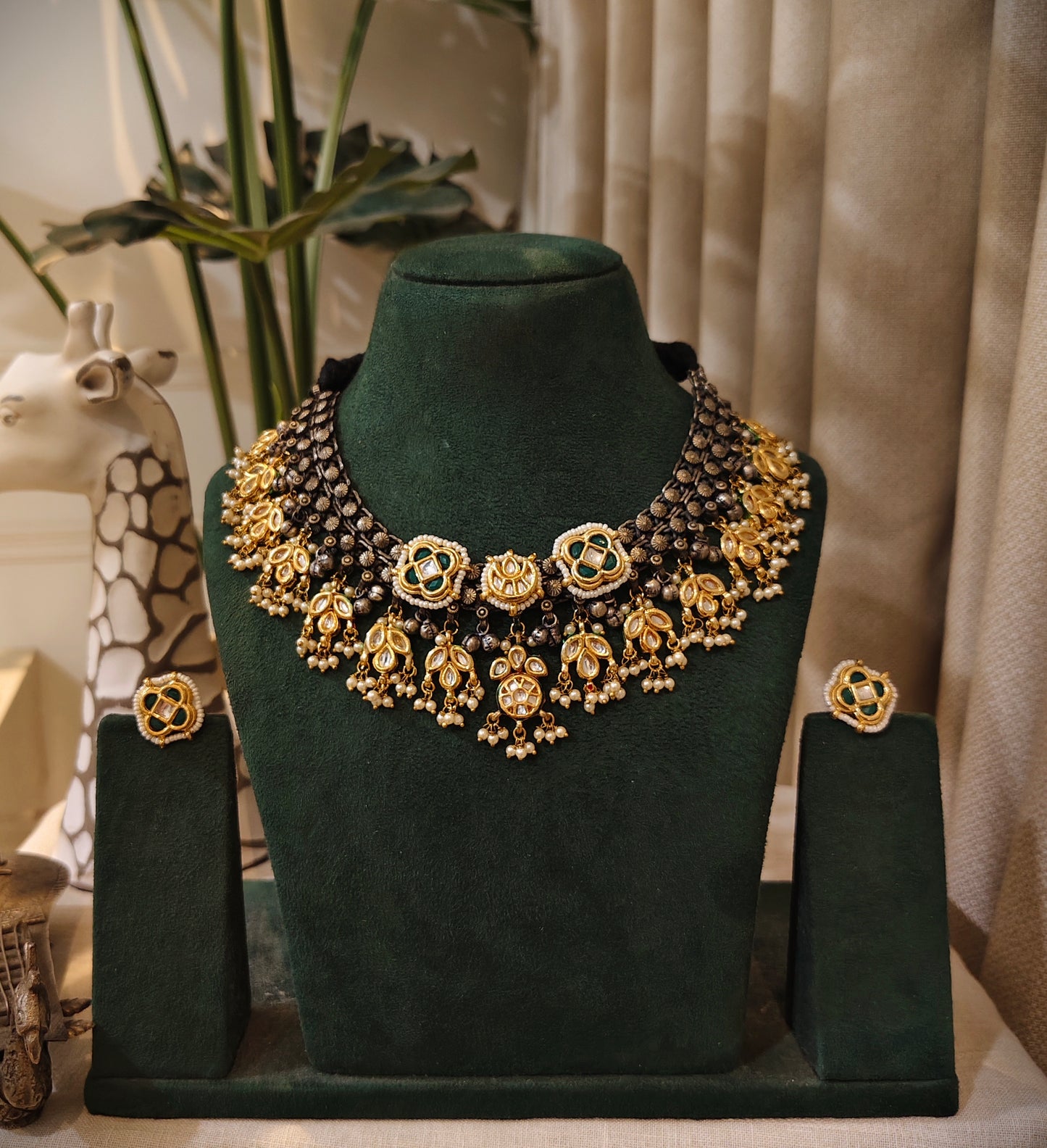 Beautiful Designer Kundan Detailing And Latkan Neckpiece With Matching Kundan Studs
