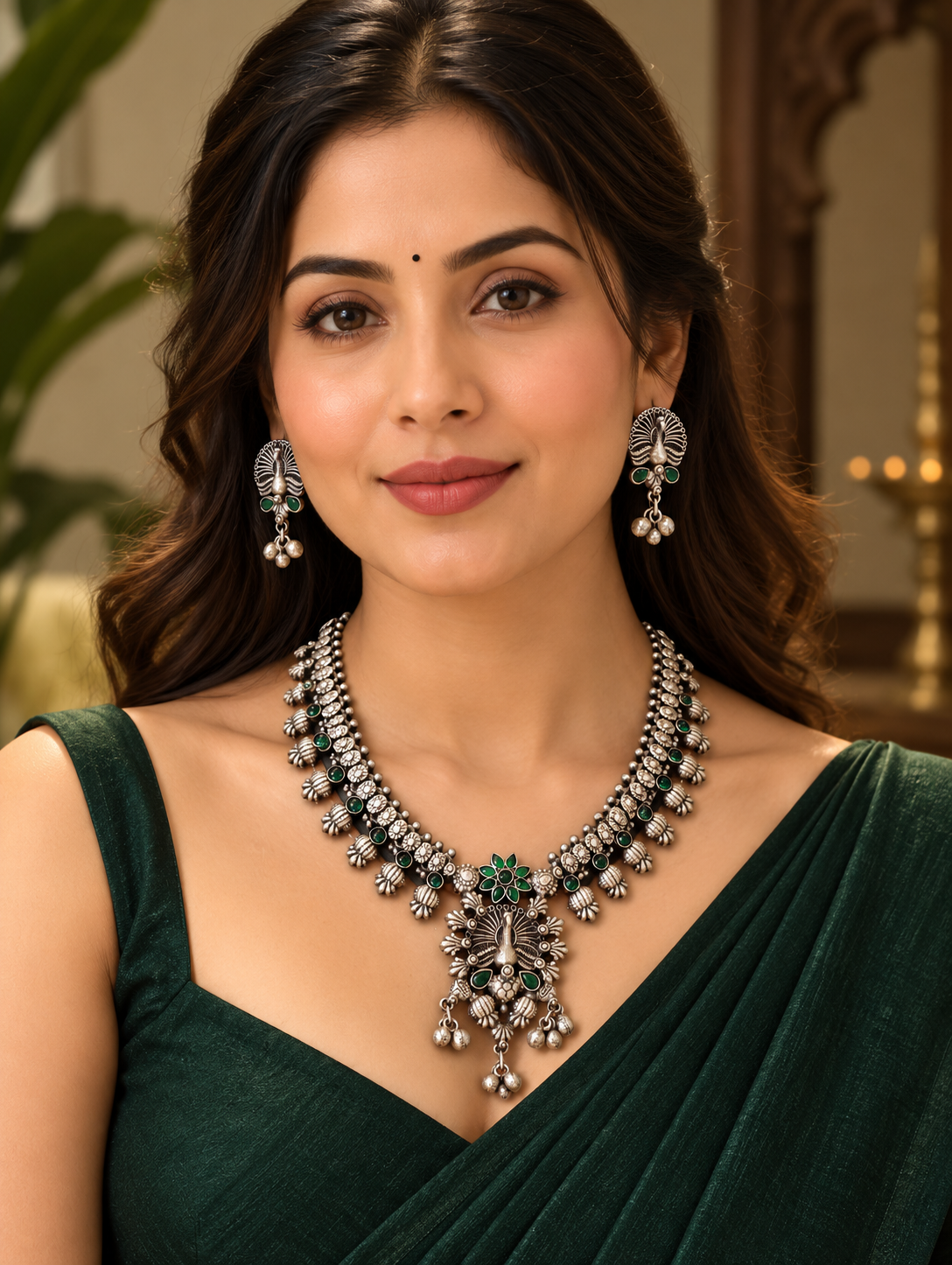 Beautiful Designer Stone Embedded Kolhapuri Neckpiece With Earrings