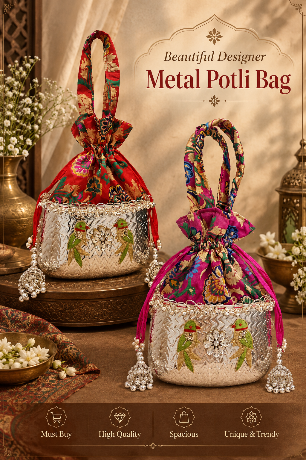 Beautiful Designer Metal Potli Bag (Red 1 pc)