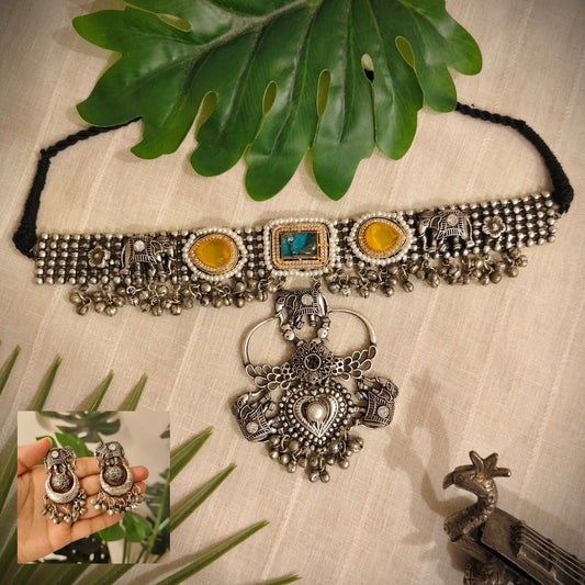 Beautiful Designer Stone Embedded Choker With Earrings