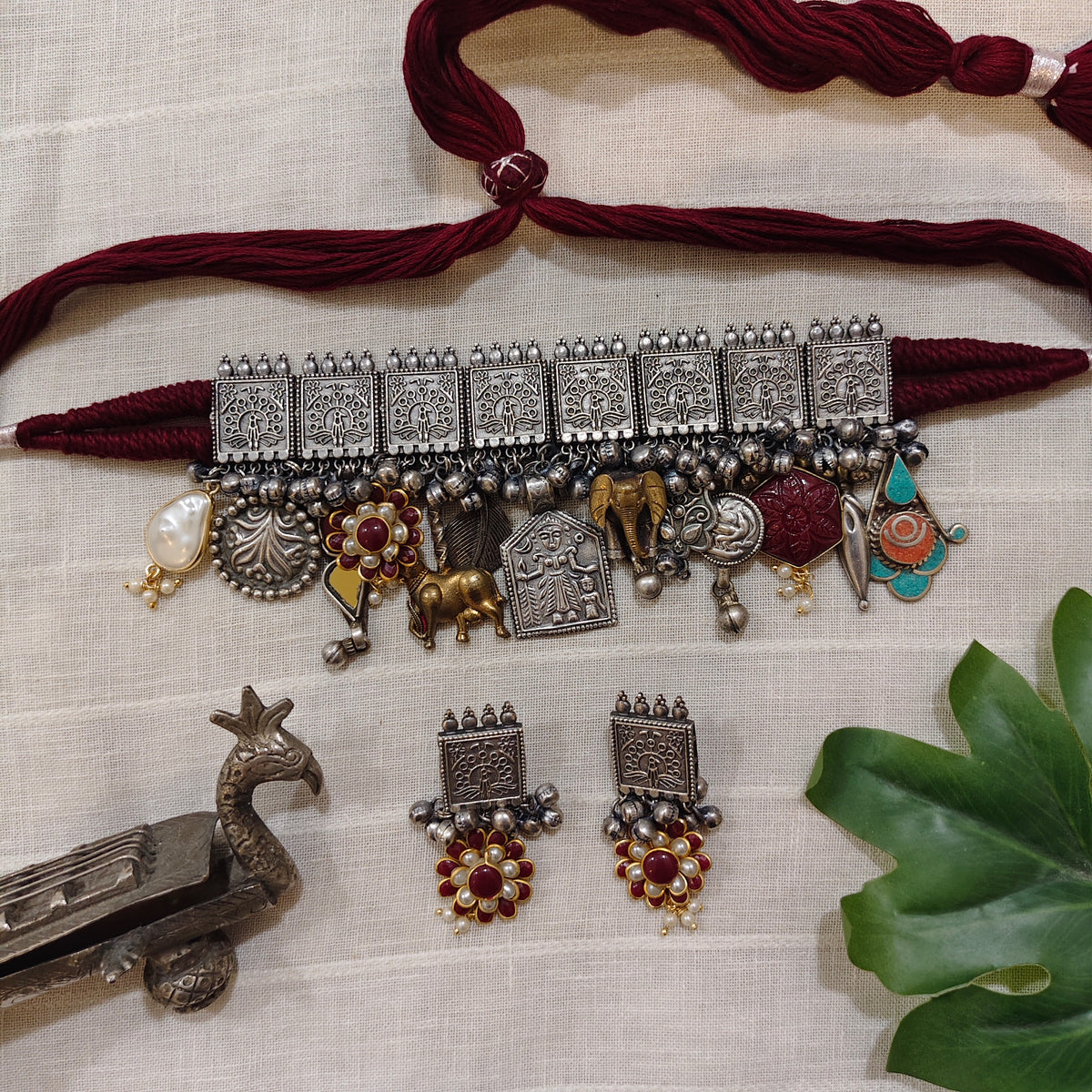 Beautiful Designer Charms Mix Statement Choker With Earrings
