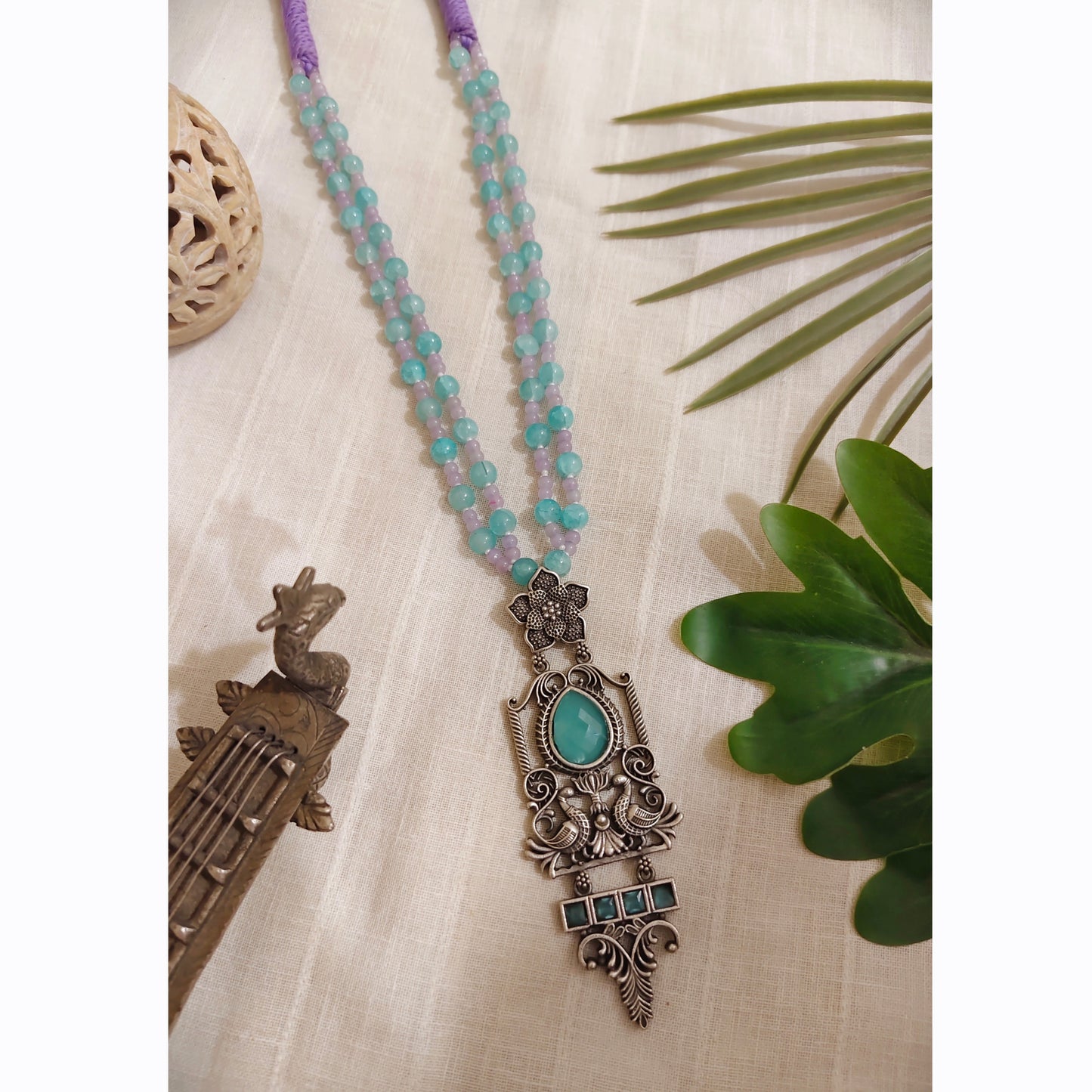Beautiful Designer Stone Embedded Pendant Long Beaded Necklace