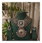 Beautiful Designer Stone Embedded Pendant With Silver Golden Antique Polish Jaal Neckpiece And Earrings