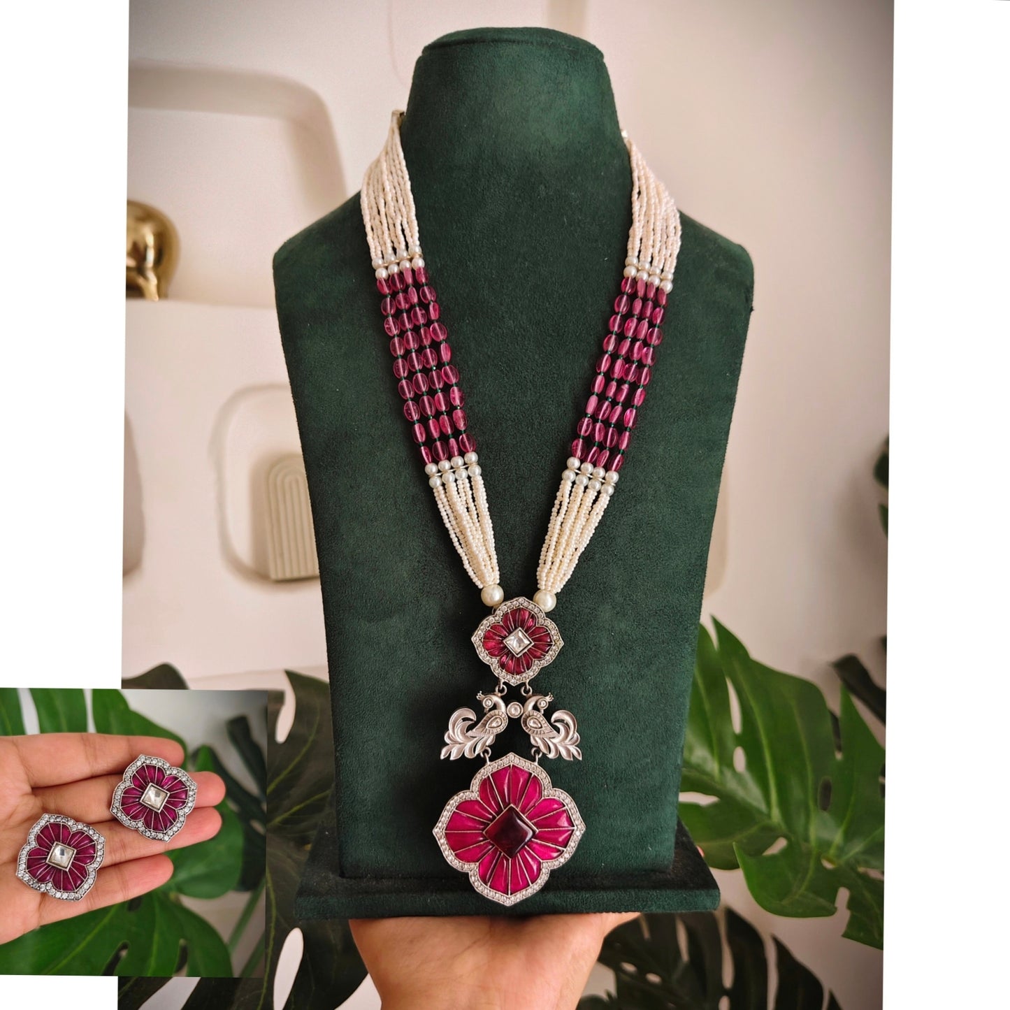 Beautiful Designer Kempstone Pendant Long Necklace With Earrings