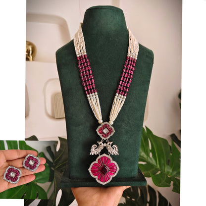 Beautiful Designer Kempstone Pendant Long Necklace With Earrings