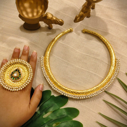 Beautiful Designer Golden Hasli With Moti Work and Matching Ring