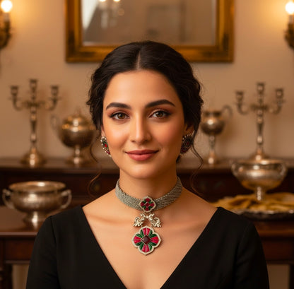 Beautiful Designer Kempstone Peacock Pendant Choker With Earrings