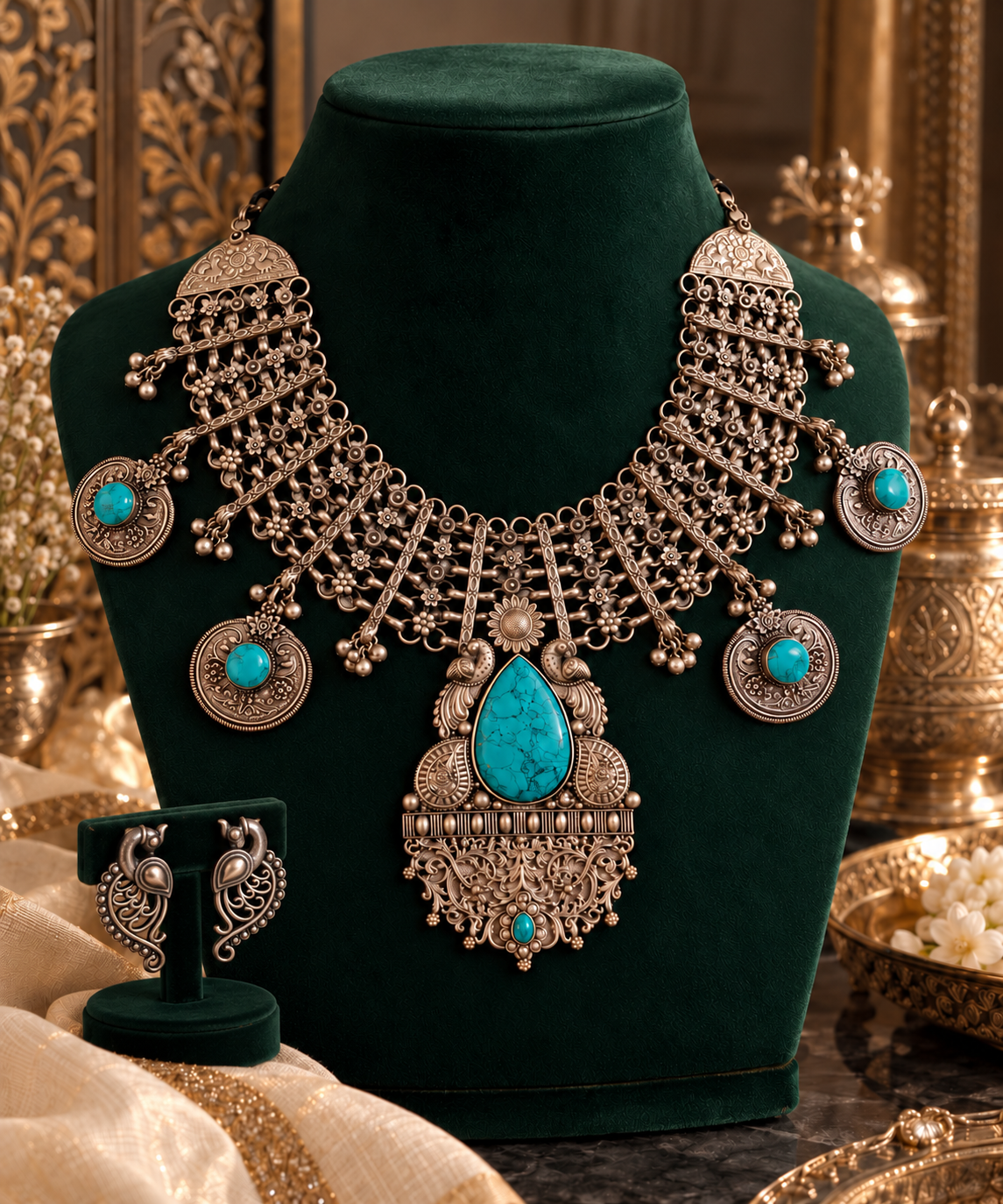 Beautiful Designer Statement Turquoise Neckpiece With Earrings