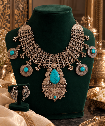 Beautiful Designer Statement Turquoise Neckpiece With Earrings