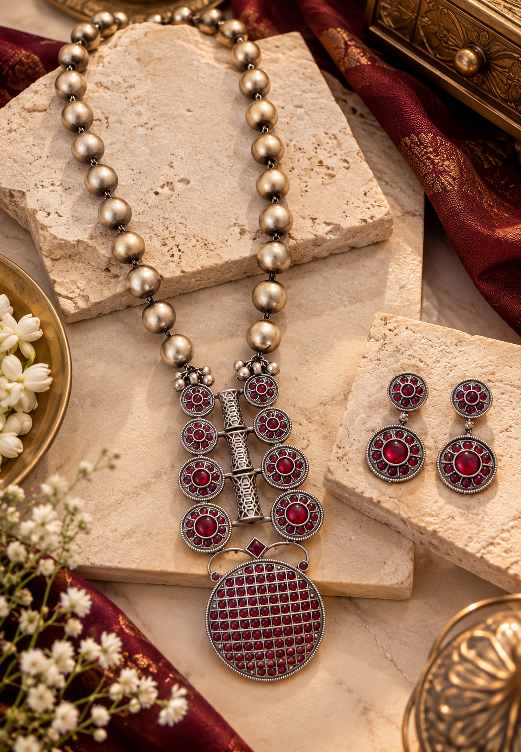 Beautiful Designer Stone Embedded Pendant Necklace With Earrings