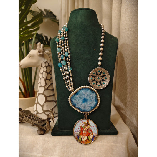 Beautiful Designer Painting & Natural Stone Pendant Stylish Mala Long Necklace