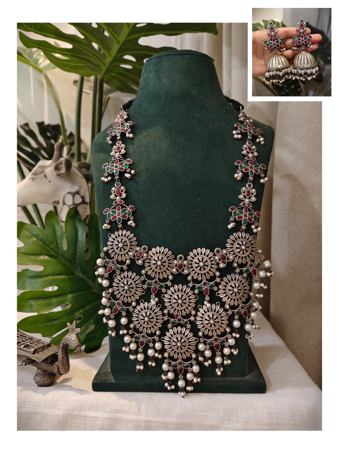 Beautiful Designer Stone Embedded Huge Necklace With Earrings