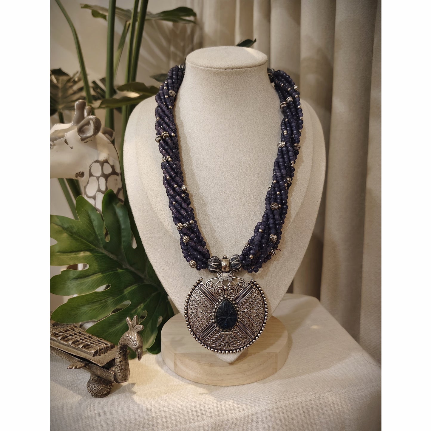 Beautiful Designer Stone Embedded Pendant With Twisted Beaded Mala Necklace