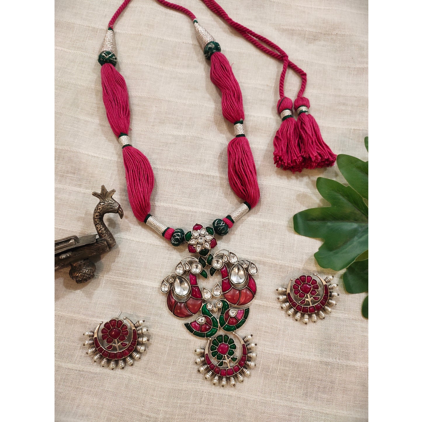 Beautiful Designer Kempstone Big Size Pendant Necklace With Earrings & Handmade Open Dori