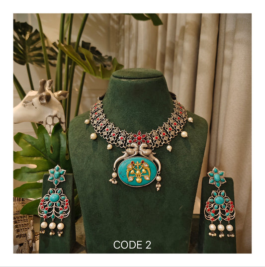Beautiful Designer Firoza & Coral Mix Neckpiece With Earrings