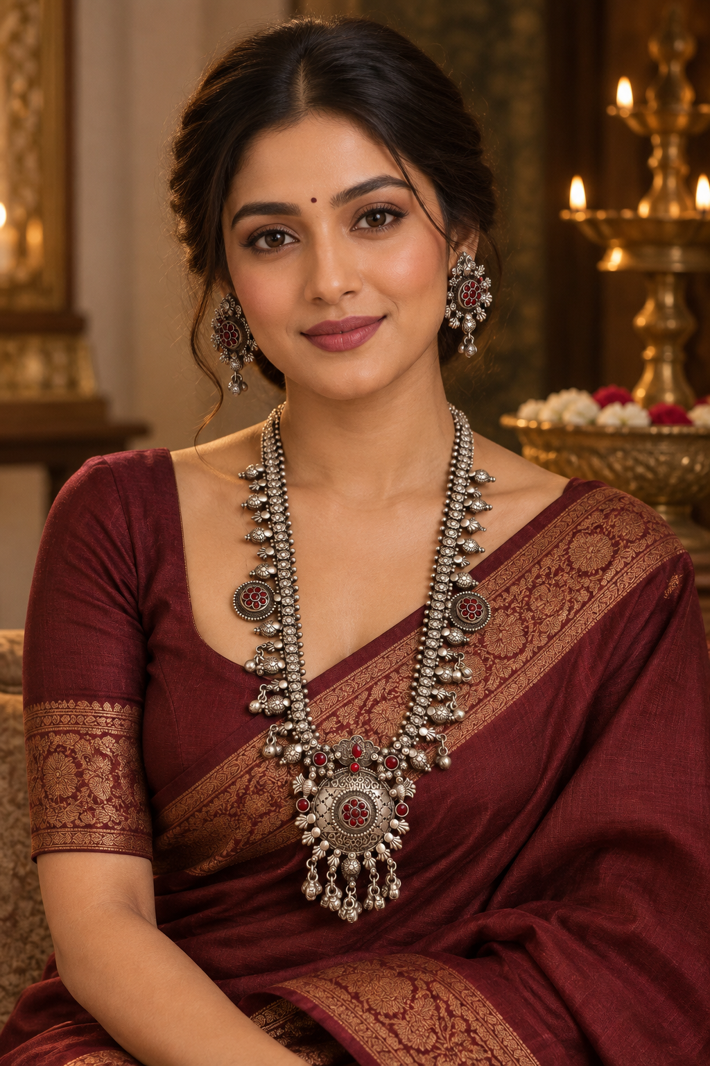 Beautiful Designer Stone Embedded Kolhapuri Long Necklace With Earrings