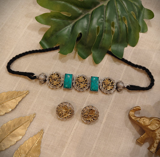 Beautiful Designer Stone Embedded Dual Tone Choker With Earrings