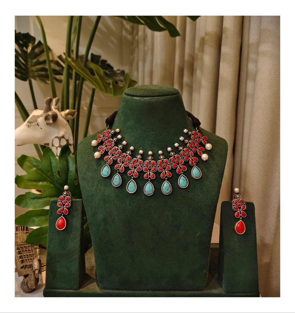 Beautiful Designer Firoza & Coral Mix Neckpiece With Earrings (different design of earrings)