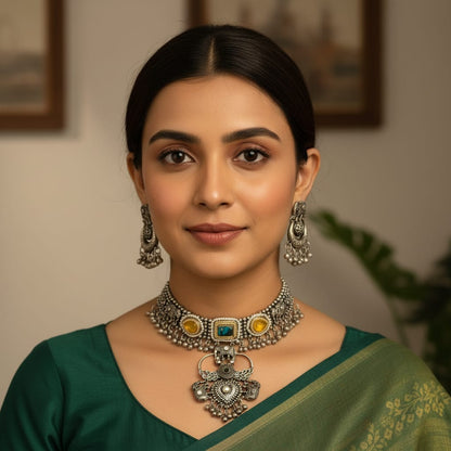 Beautiful Designer Stone Embedded Choker With Earrings