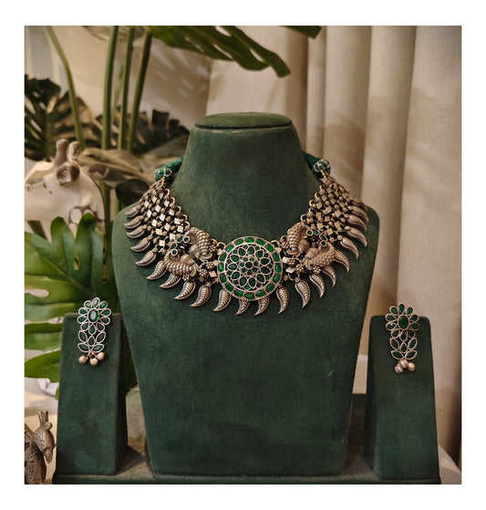 Beautiful Designer Stone Embedded Jaal Neckpiece With Earrings
