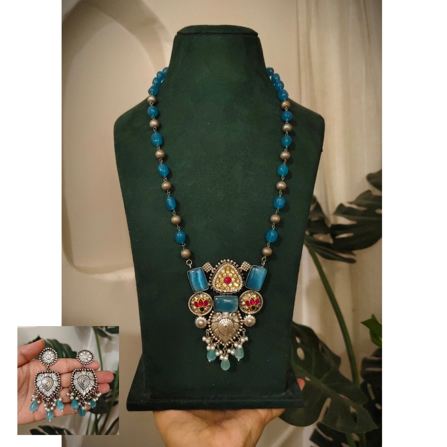 Beautiful Designer Stone Embedded Pendant Necklace With Earrings