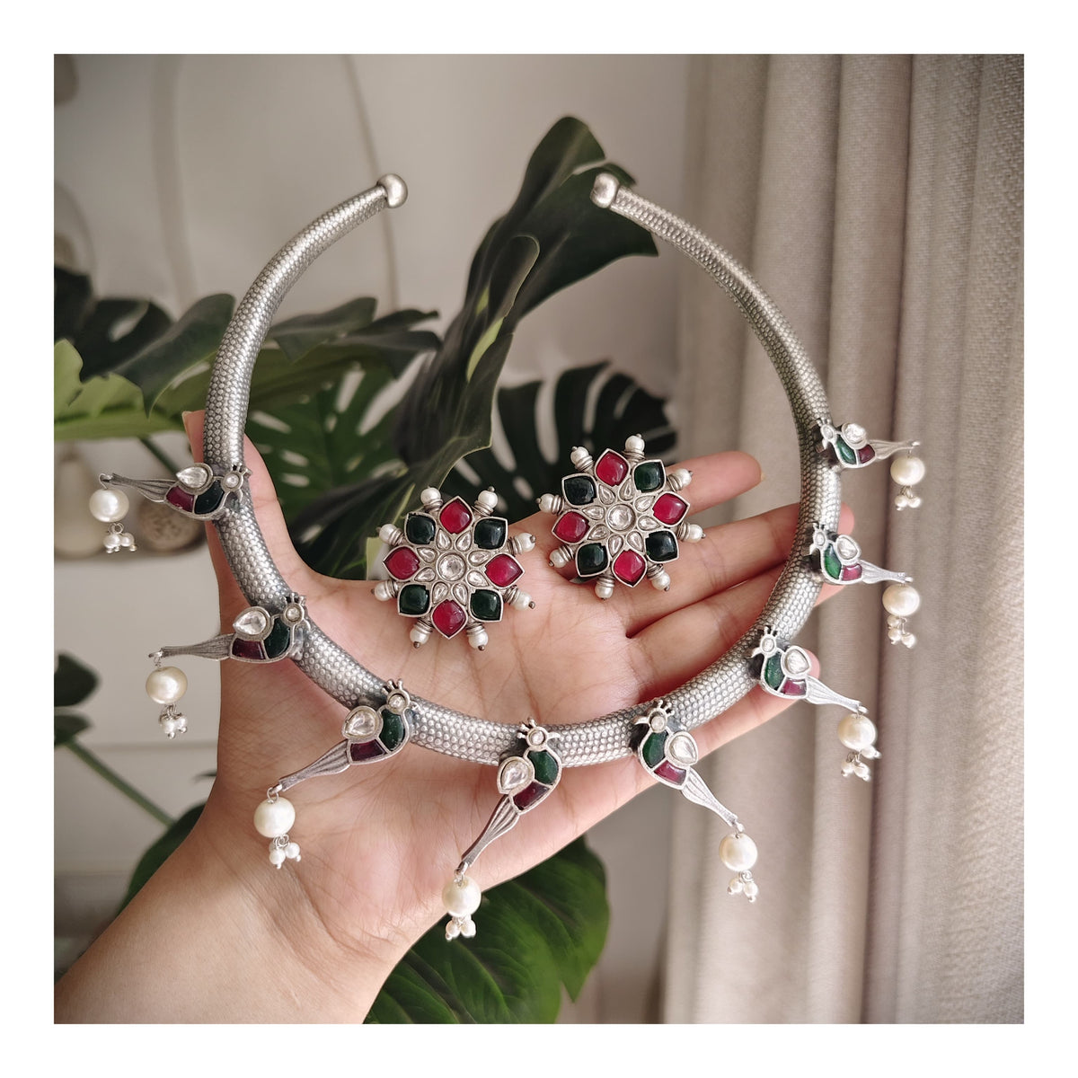 Beautiful Designer Kempstone Peacock Hasli With Earrings
