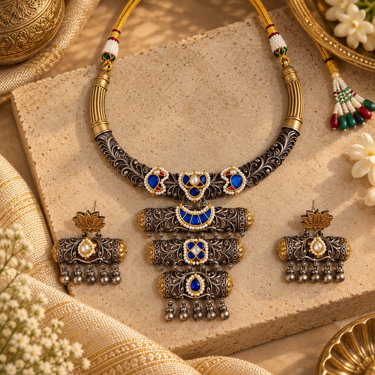 Beautiful Designer Dual Tone Ahemdabadi Kundan Detailing Neckpiece With Earrings
