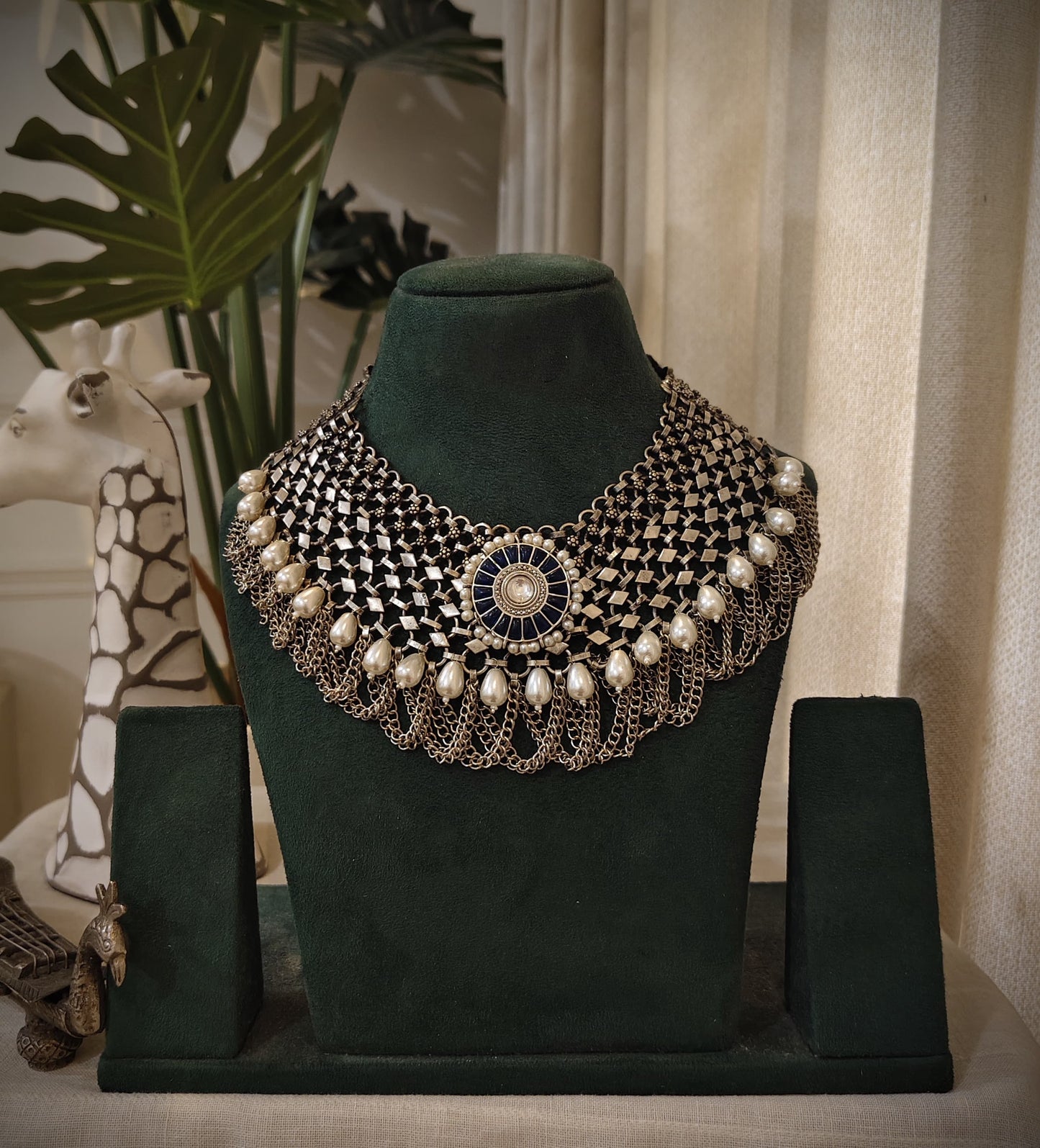 Beautiful Designer Kempstone Detailing Jaal Patta Neckpiece With Pearl And Chain Latkan