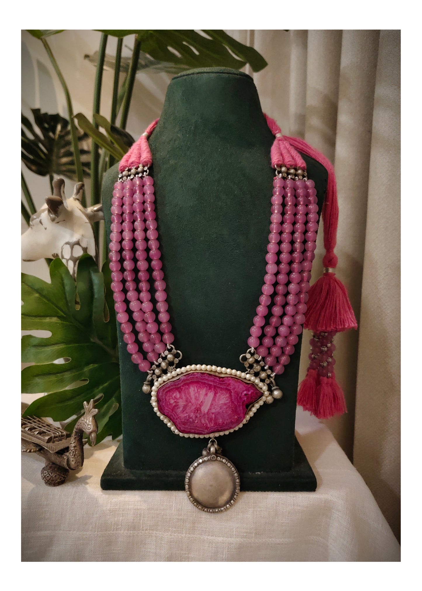 Beautiful Designer Natural Stone Pendant With Japanese Glass Beads Long Necklace