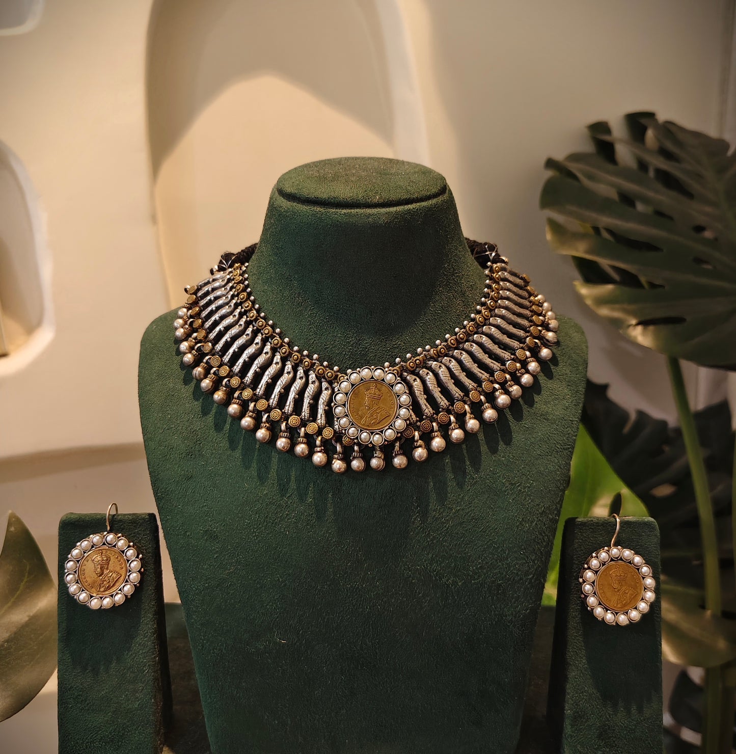 Beautiful Designer Dual Tone Peacock Neckpiece With Earrings