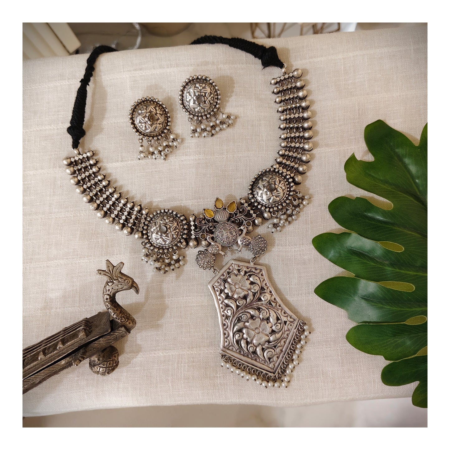 Beautiful Designer Stone Embedded Pendant Neckpiece With Earrings