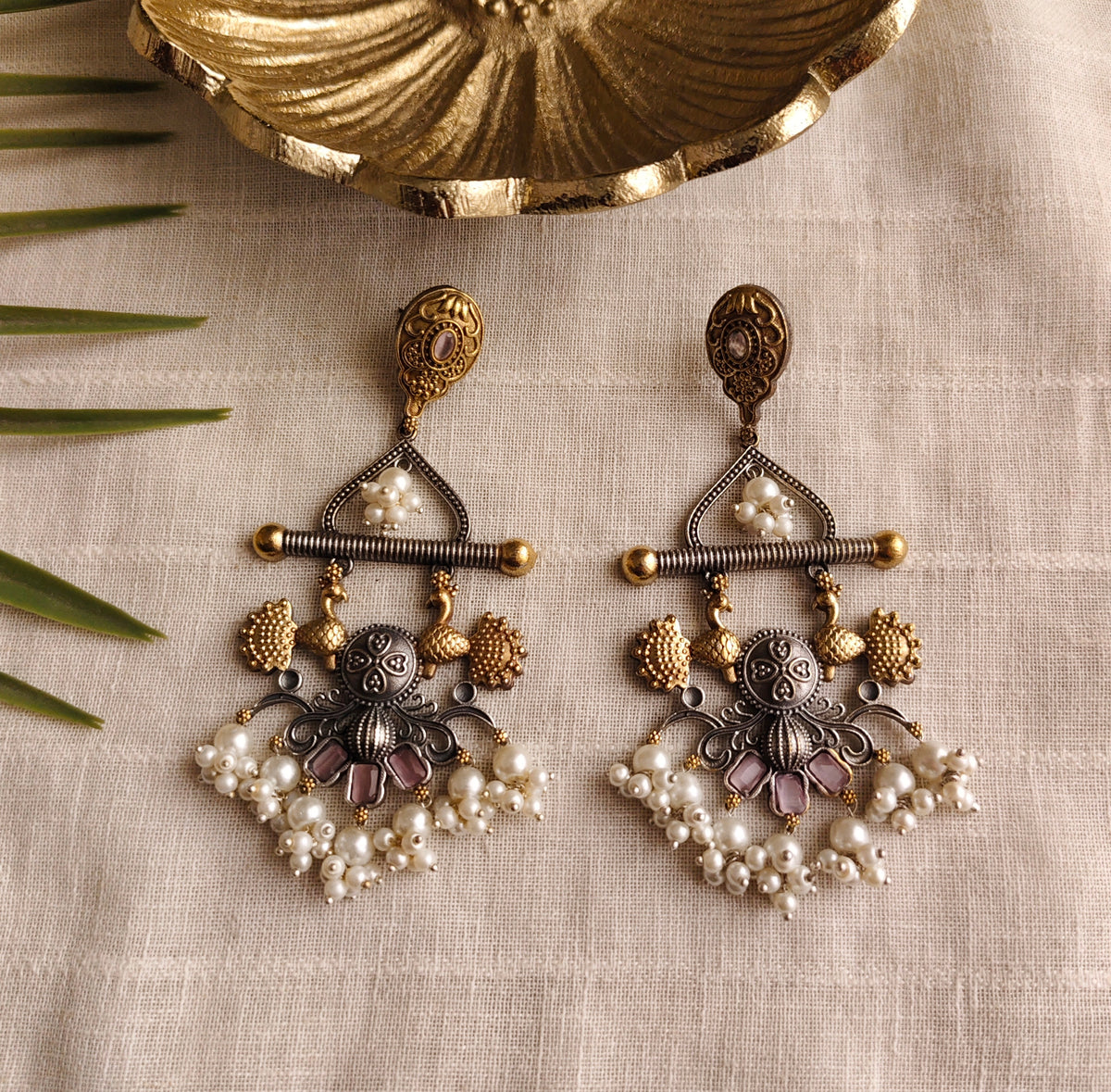 Beautiful Designer Dual Tone Stone Embedded Long Earrings