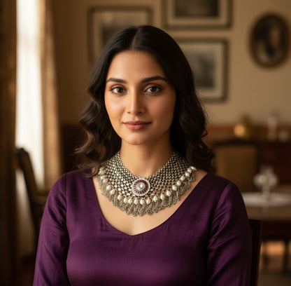 Beautiful Designer Kempstone Detailing Jaal Patta Neckpiece With Pearl And Chain Latkan