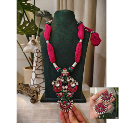 Beautiful Designer Kempstone Big Size Pendant Necklace With Earrings & Handmade Open Dori