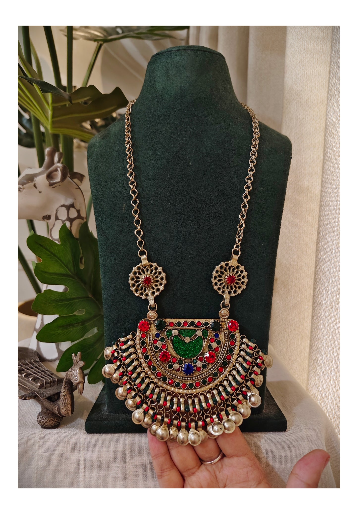 Beautiful Vintage Afghani Chaand Stone Embedded Pendant Necklace