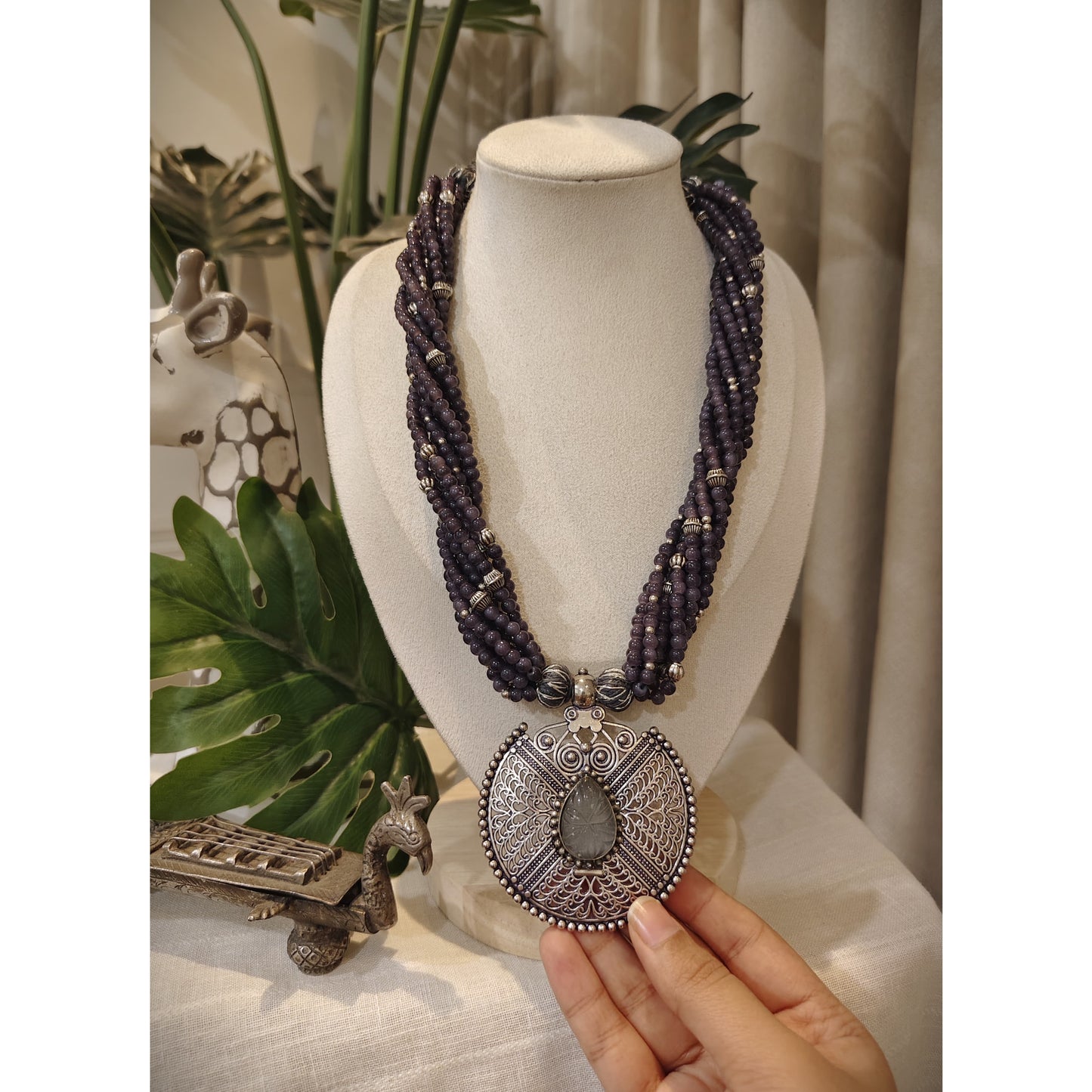 Beautiful Designer Stone Embedded Pendant With Twisted Beaded Mala Necklace